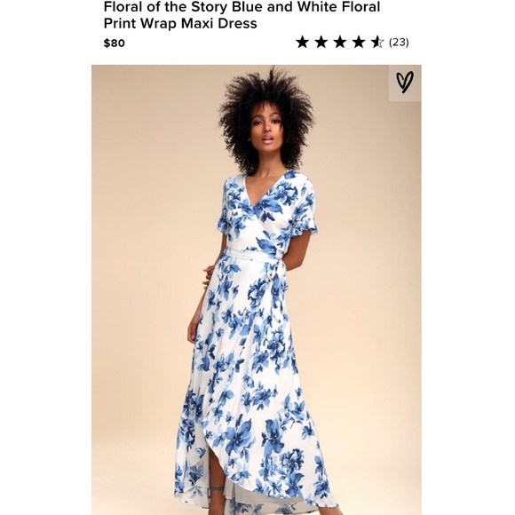 blue and white floral wrap dress